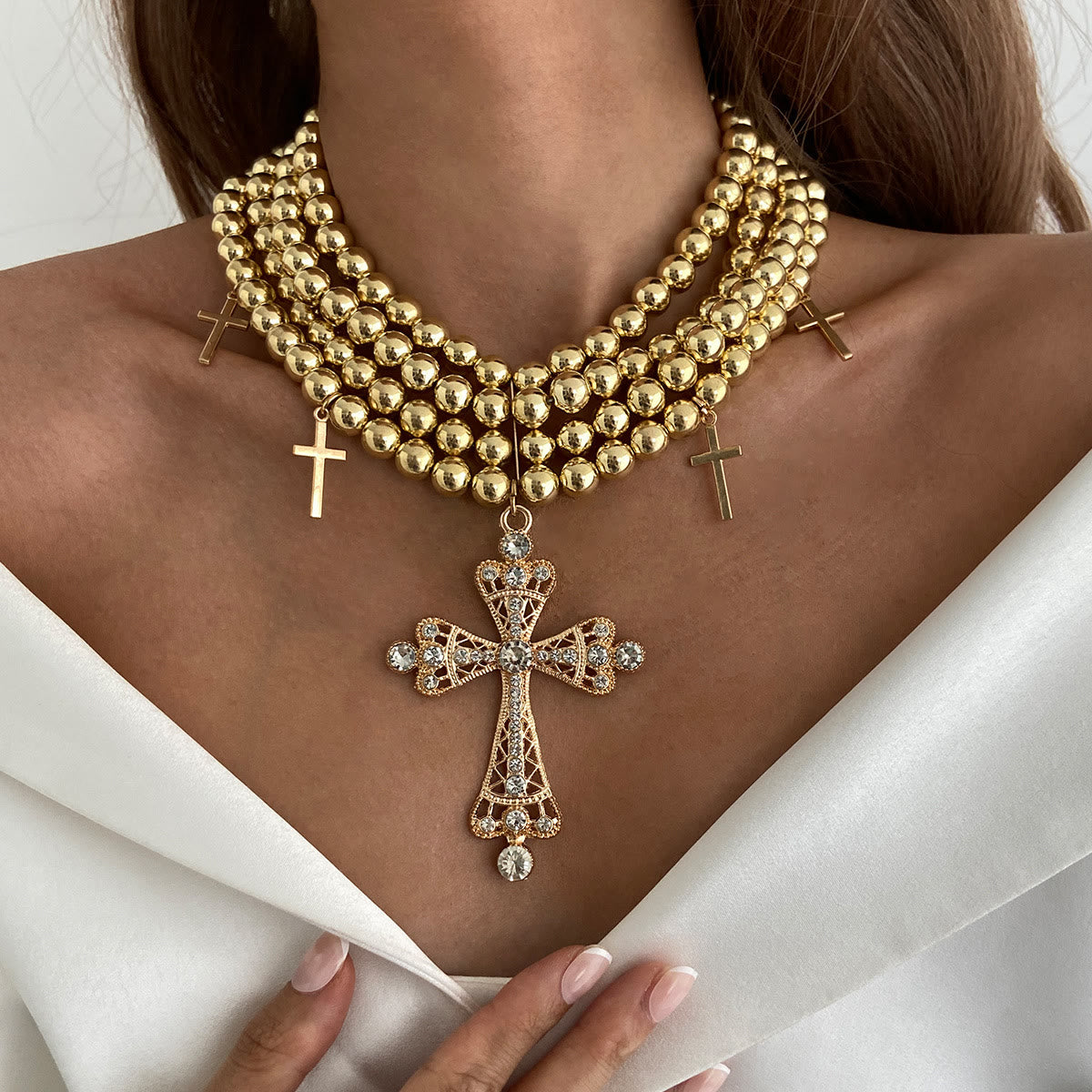 Luxe Beaded Statement Choker With Sparkling Cross: Bearer of Calm Heavenly Serenity