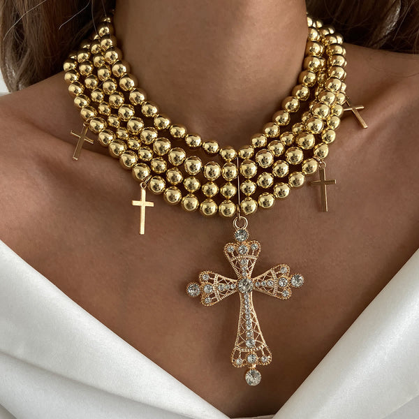 Luxe Beaded Statement Choker With Sparkling Cross: Bearer of Calm Heavenly Serenity