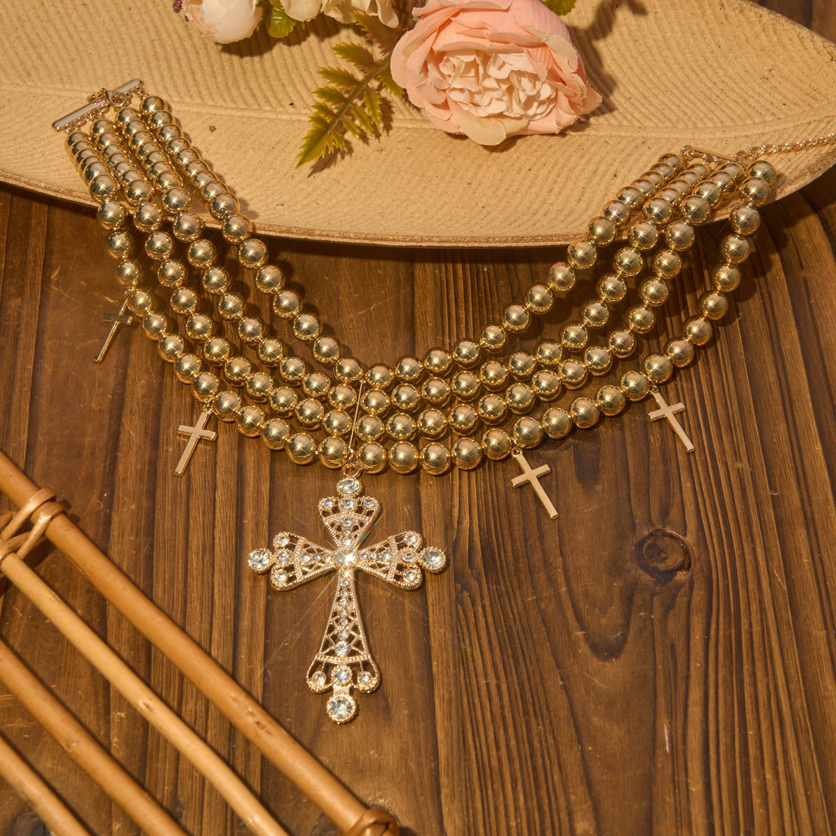 Luxe Beaded Statement Choker With Sparkling Cross: Bearer of Calm Heavenly Serenity