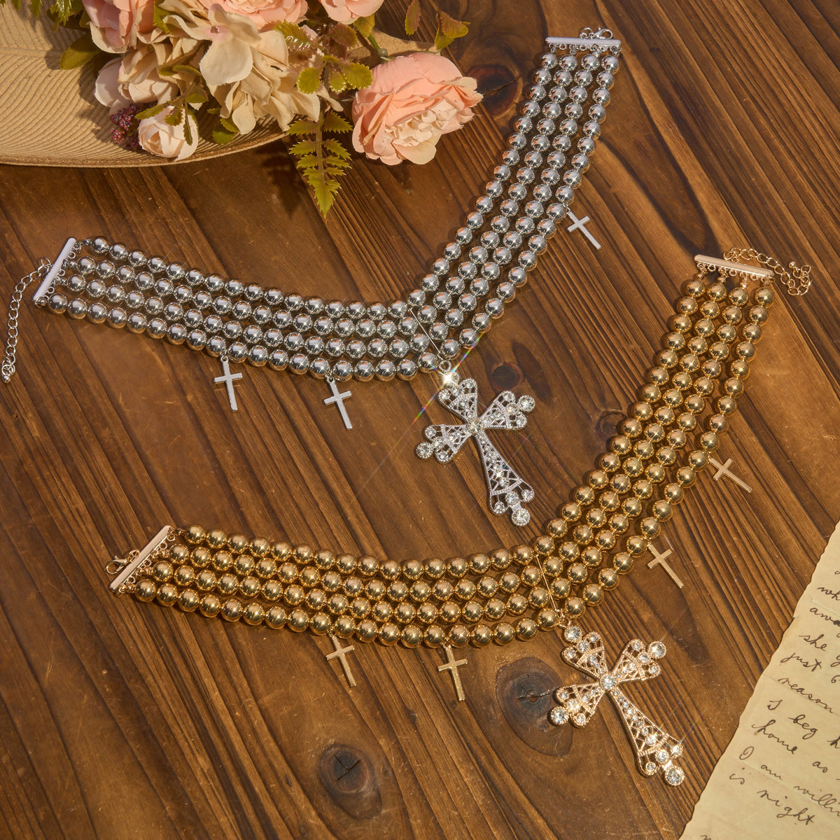 Luxe Beaded Statement Choker With Sparkling Cross: Bearer of Calm Heavenly Serenity