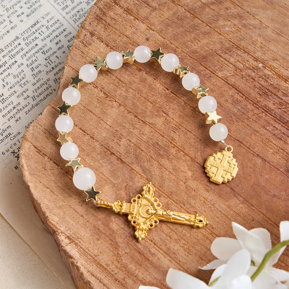 Star‑Spaced White Crystal Pocket Rosary With Jerusalem Cross Crucifix: Token Of Gentle Divine Shelter