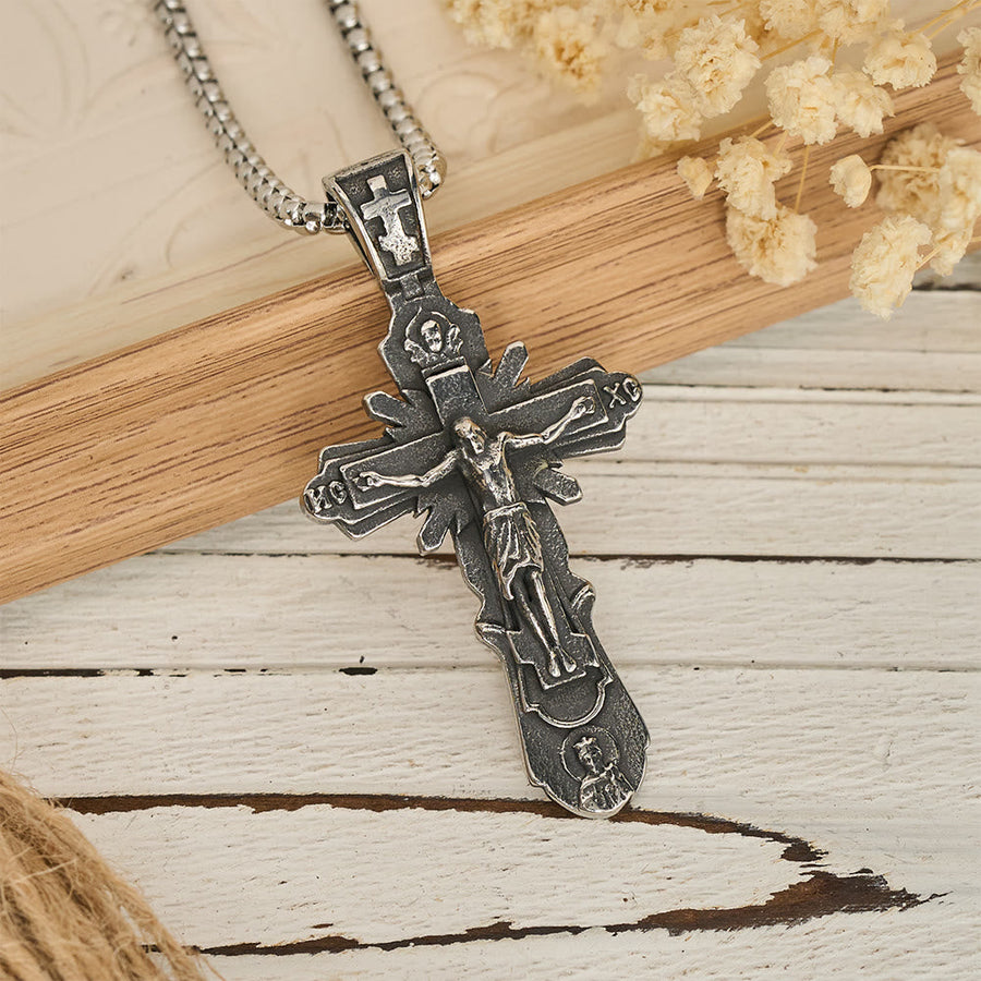 Embossed Figure Crucifix Pendant Necklace: Token of Abiding Sacred Shelter