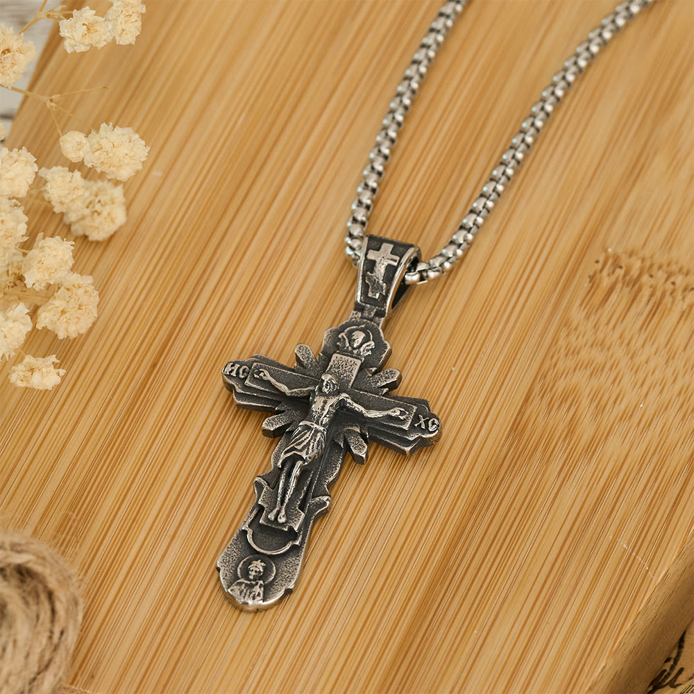 Embossed Figure Crucifix Pendant Necklace: Token of Abiding Sacred Shelter