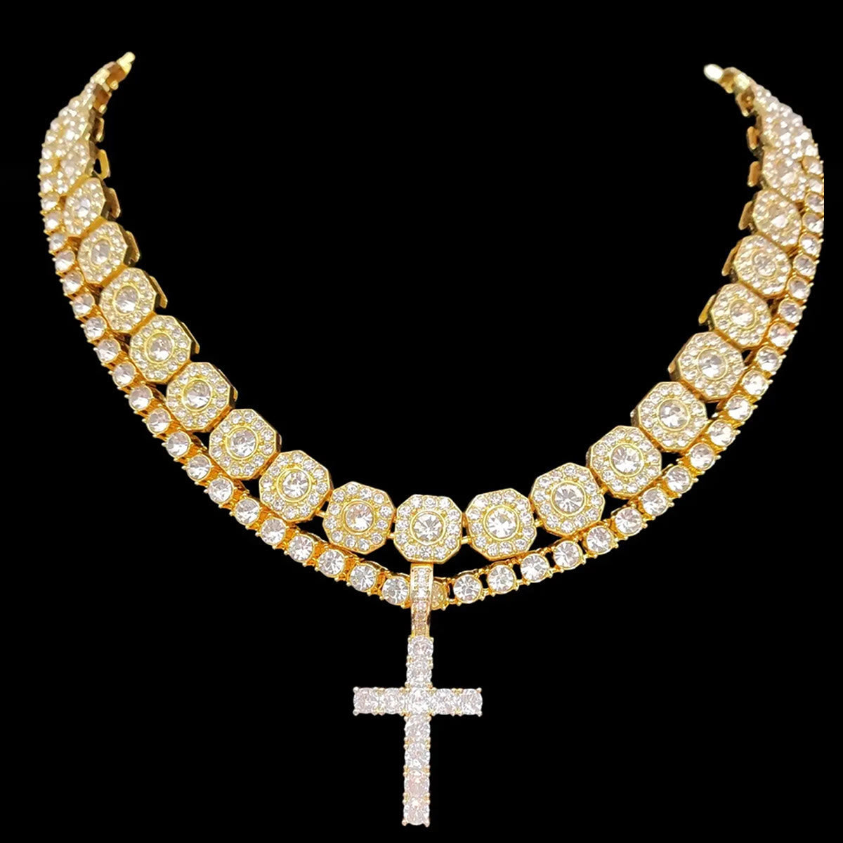 Dual Layer Iced Out Cross Necklace: Emblem of Radiant Heavenly Blessing