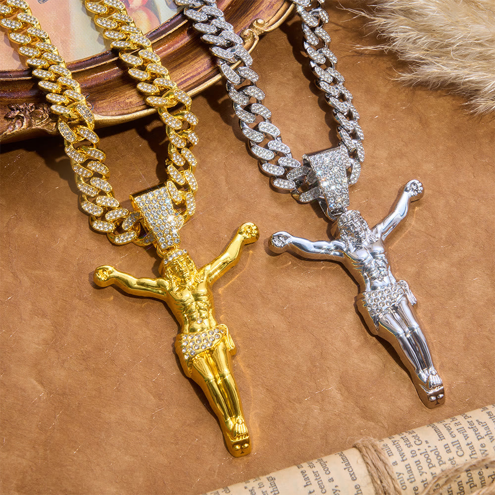 Bold Textured Crucifix Statement Curb Chain: Token of Radiant Sacred Shelter