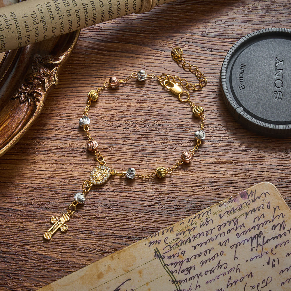 Dainty Textured Bead Our Lady of Guadalupe Crucifix Bracelet: Bearer of Enduring Sacred Grace