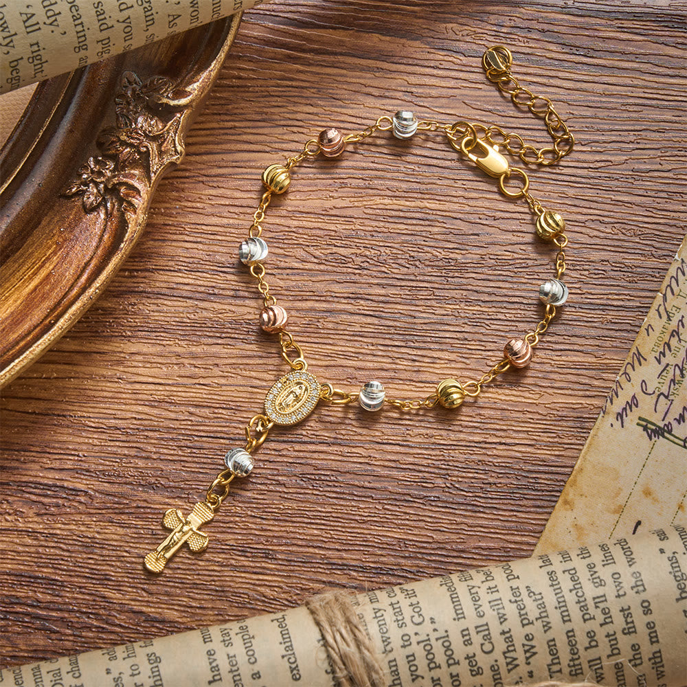 Dainty Textured Bead Our Lady of Guadalupe Crucifix Bracelet: Bearer of Enduring Sacred Grace