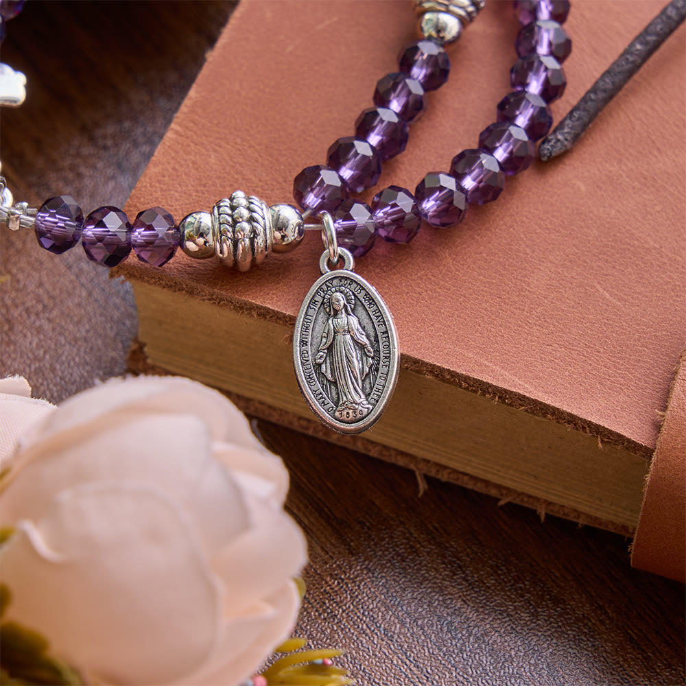 Dainty Polished Crystal Bead Guadalupe Crucifix Bracelet: Bearer of Enduring Sacred Grace