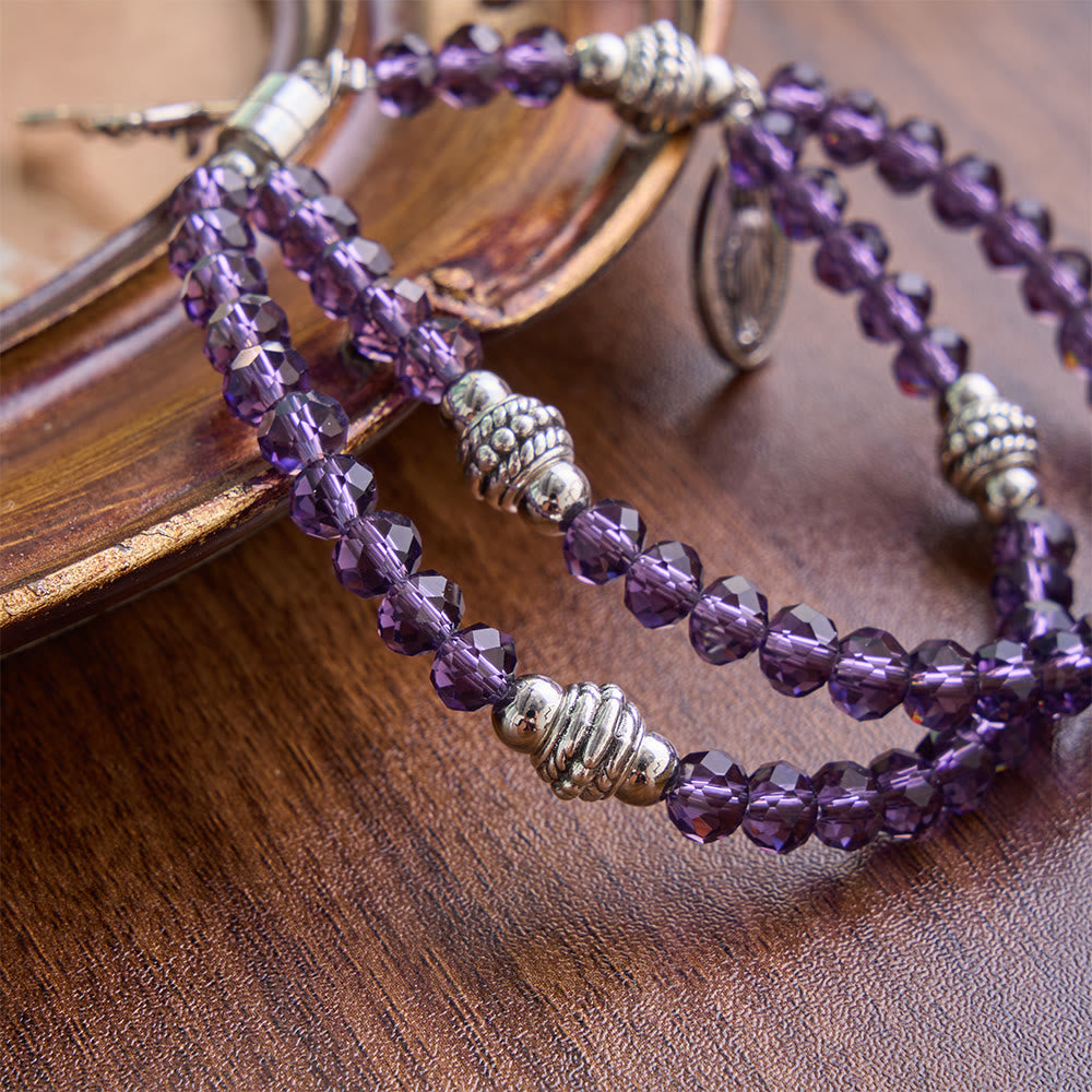 Dainty Polished Crystal Bead Guadalupe Crucifix Bracelet: Bearer of Enduring Sacred Grace