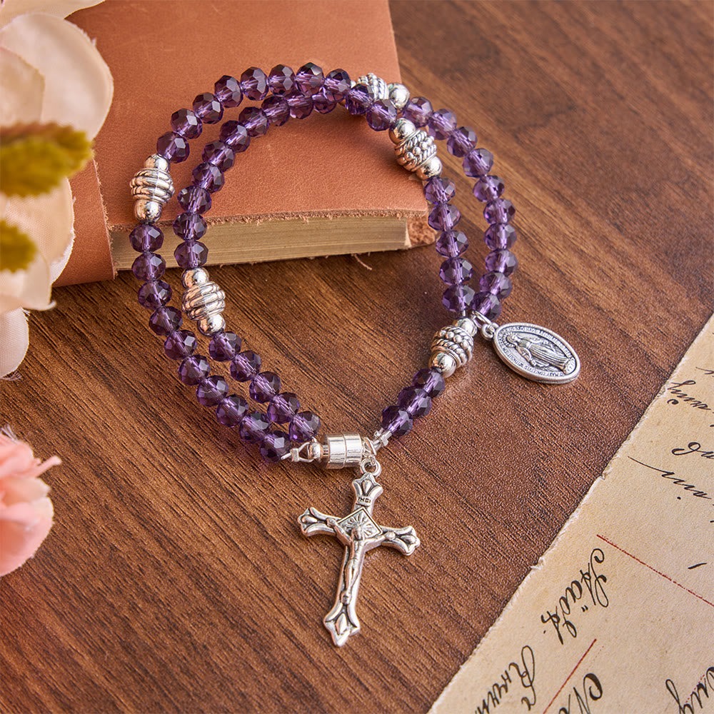 Dainty Polished Crystal Bead Guadalupe Crucifix Bracelet: Bearer of Enduring Sacred Grace