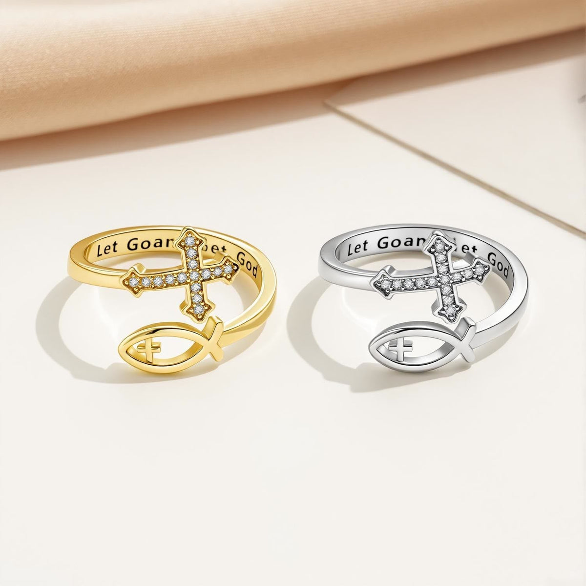 Inlaid Stone Cross Ichthys Adjustable Ring: Token of Timeless Divine Peace