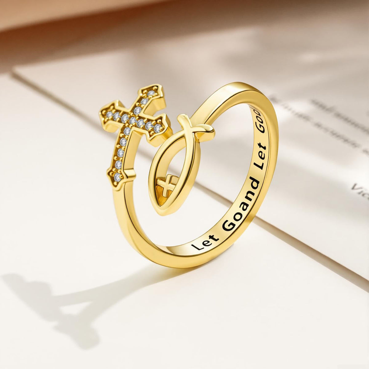Inlaid Stone Cross Ichthys Adjustable Ring: Token of Timeless Divine Peace