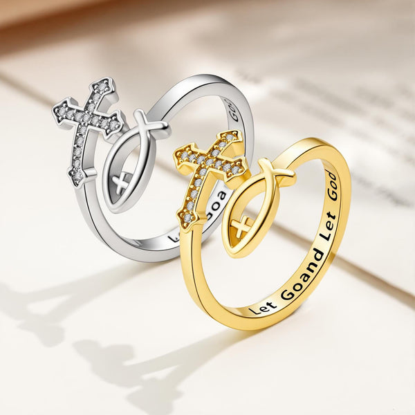 Inlaid Stone Cross Ichthys Adjustable Ring: Token of Timeless Divine Peace