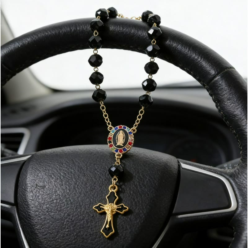 Elegant Enamel Medallion Crucifix Car Rosary: Emblem of Peace‑Filled Sacred Comfort