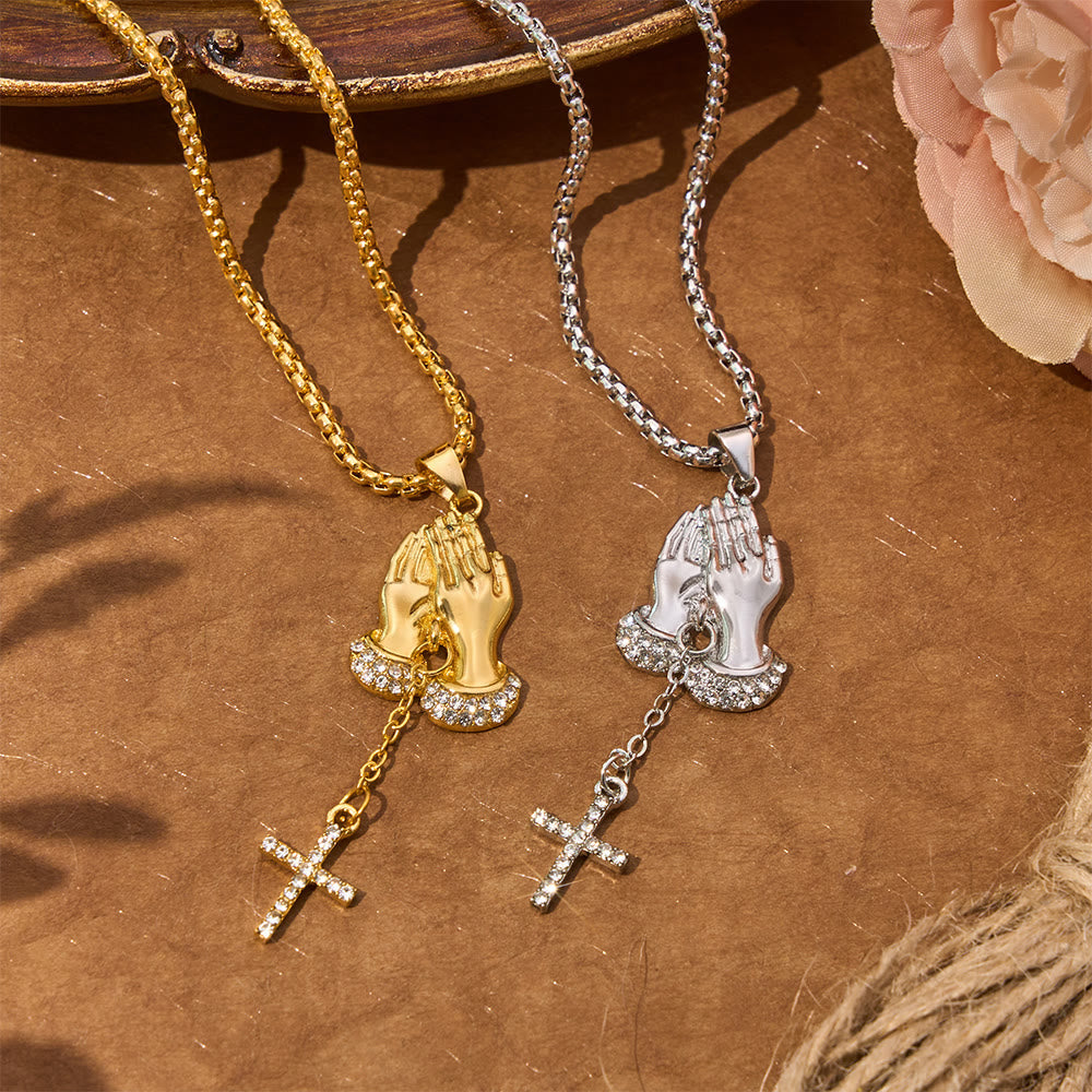 Crystal‑Trimmed Praying Hands Cross Necklace: Symbol of Celestial Peace