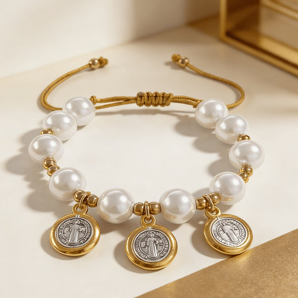 Knotted Cord Pearl Bracelet With St. Benedict Charms: Symbol of Celestial Blessing