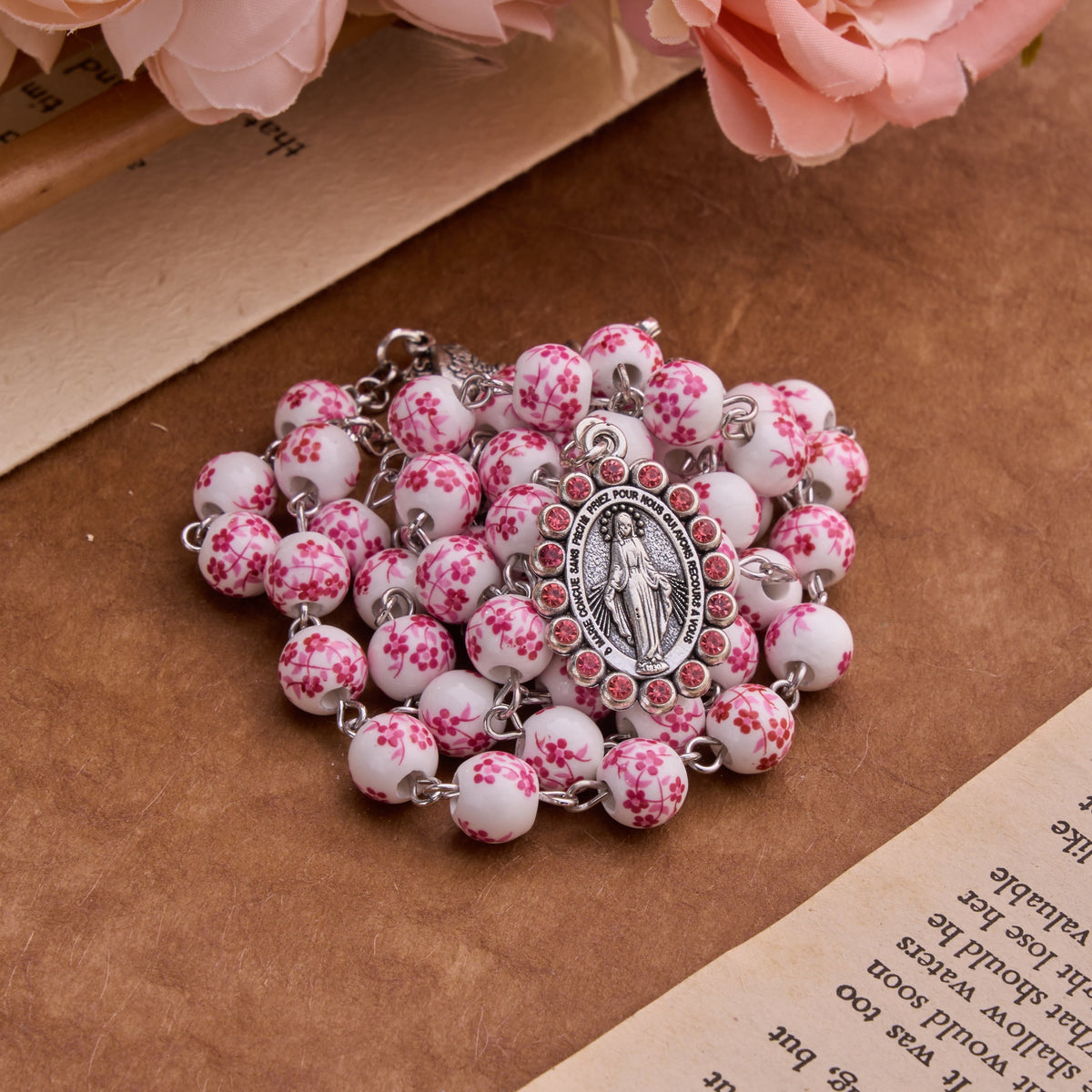Ceramic Rosary With Jeweled Our Lady&Holy Grail Medal: Token of Divine Shelter