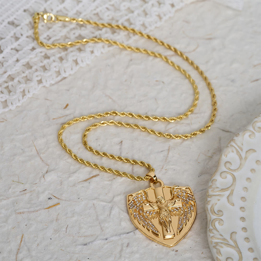 Sparkling Stone Shield Crucifix Pendant Necklace: Token of Divine Comfort