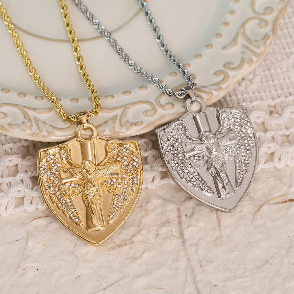 Sparkling Stone Shield Crucifix Pendant Necklace: Token of Divine Comfort