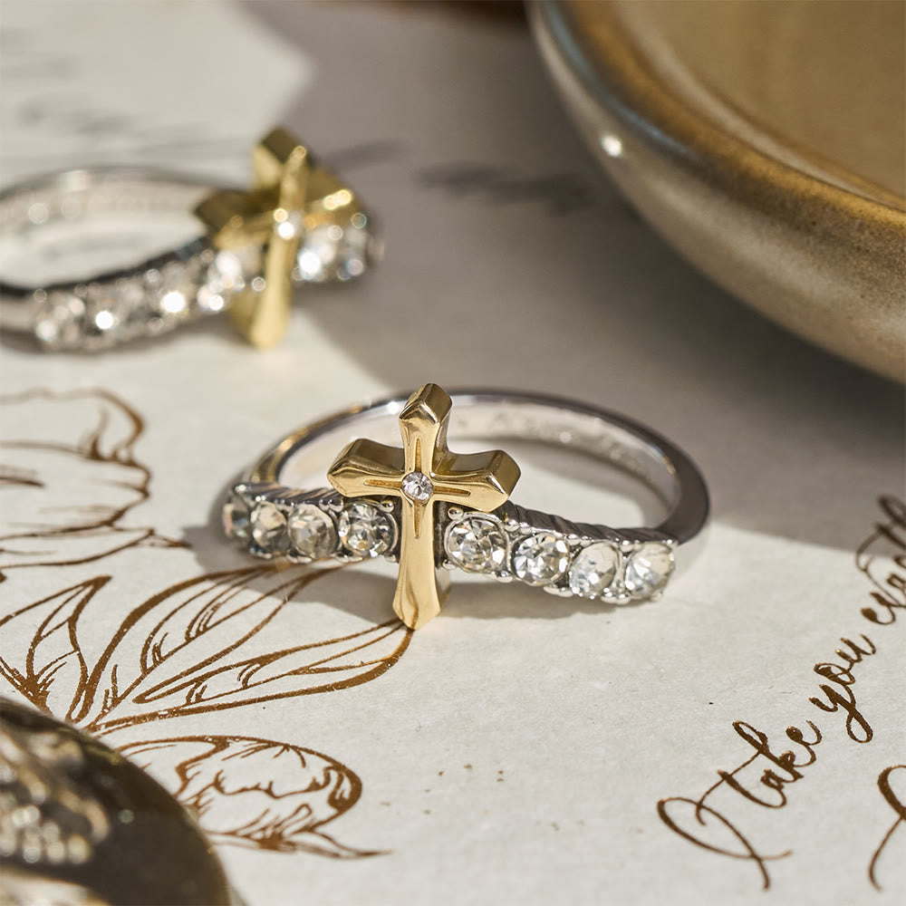 Raised Jeweled Cross V‑Shaped Band Ring: Symbol of Celestial Blessing