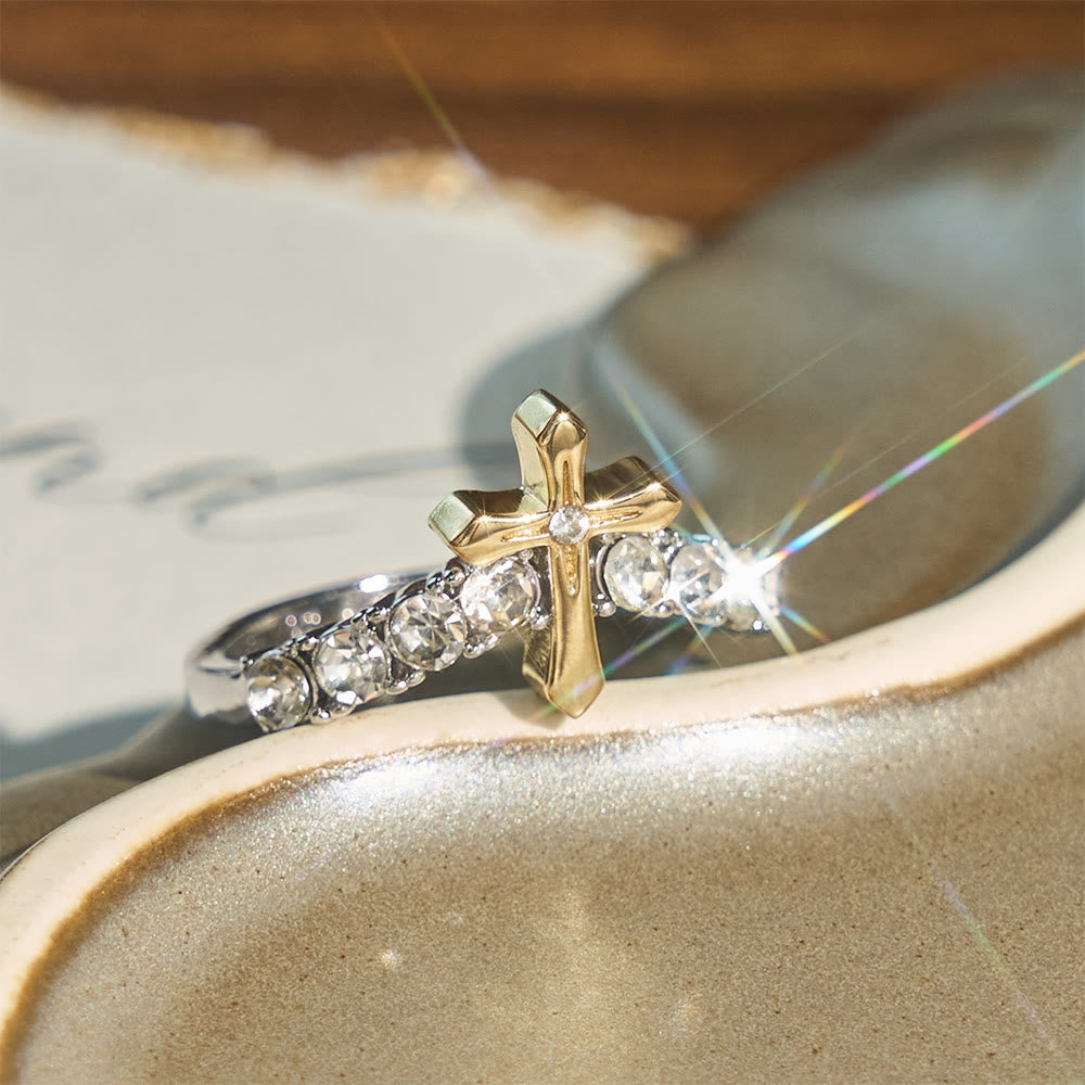 Raised Jeweled Cross V‑Shaped Band Ring: Symbol of Celestial Blessing