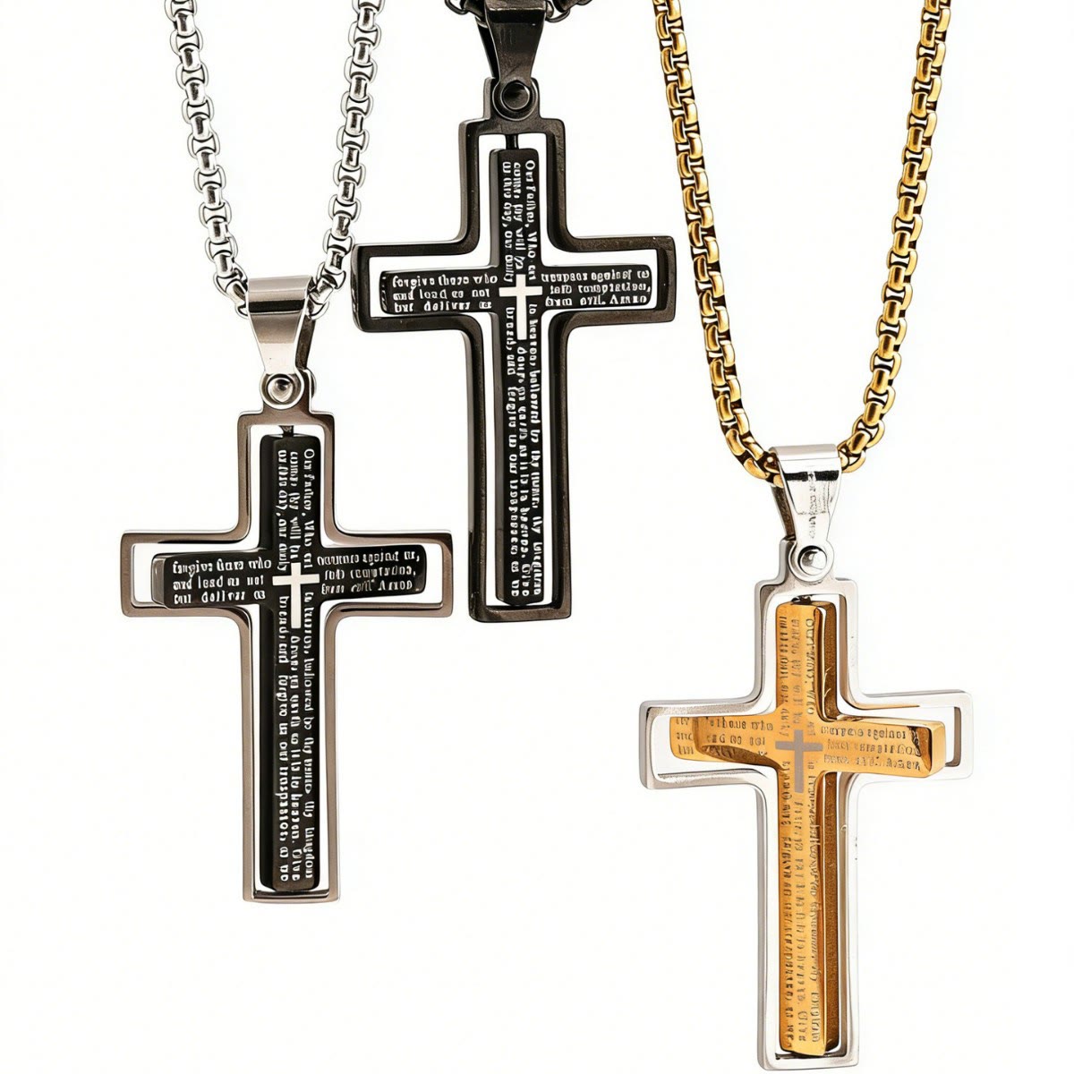 Rotatable Lord's Prayer Layered Cross Box‑Chain Necklace: Emblem of Heavenly Shelter