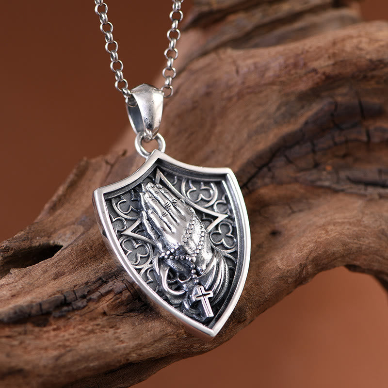 Antiqued Relief Praying Hands Shield Statement Necklace: Token of Sincere Piety