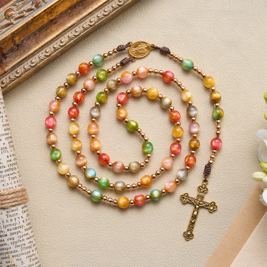 Glowing Colored Cat‑Eye Resin Rosary Featuring Vintage Carved Crucifix