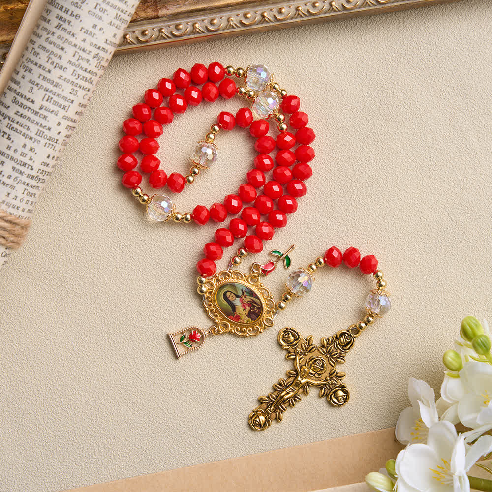 Ornate St.Therese‑Themed Rosary With Rose‑Carved Cross: Emblem of Gentle Heavenly Grace