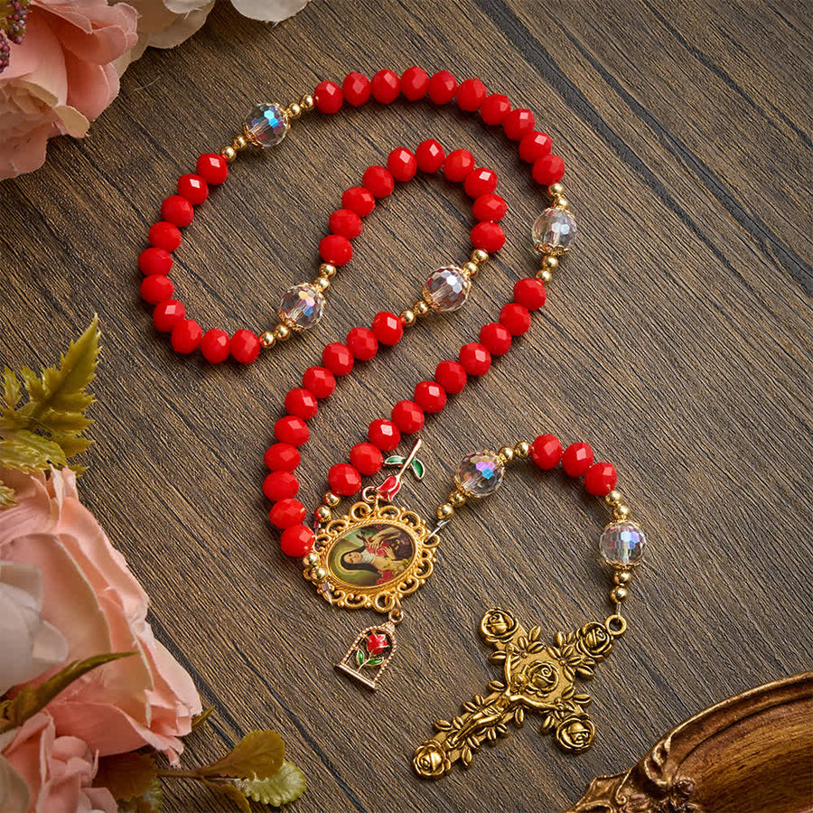 Ornate St.Therese‑Themed Rosary With Rose‑Carved Cross: Emblem of Gentle Heavenly Grace
