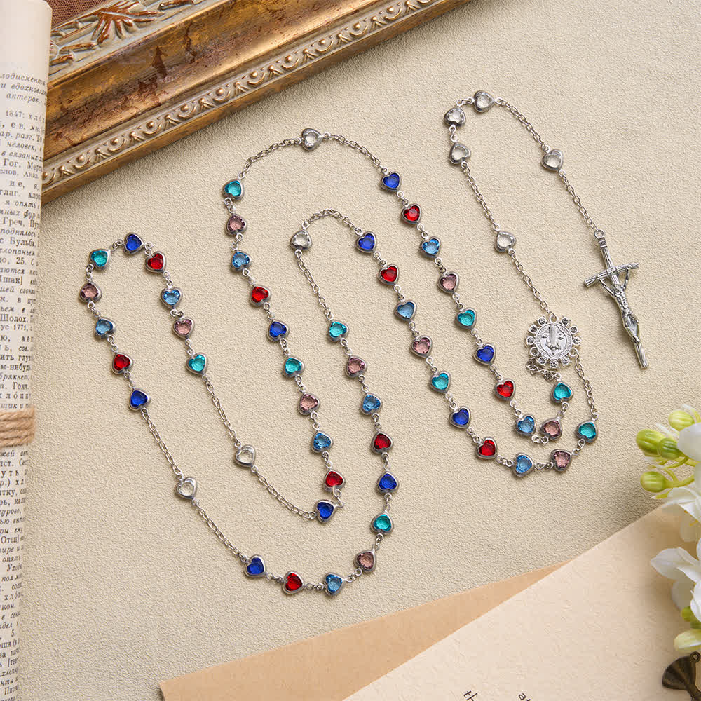 Silver‑Toned Heart‑Zircon Rosary With St.Benedict Medallion: Emblem of Gentle Heavenly Grace