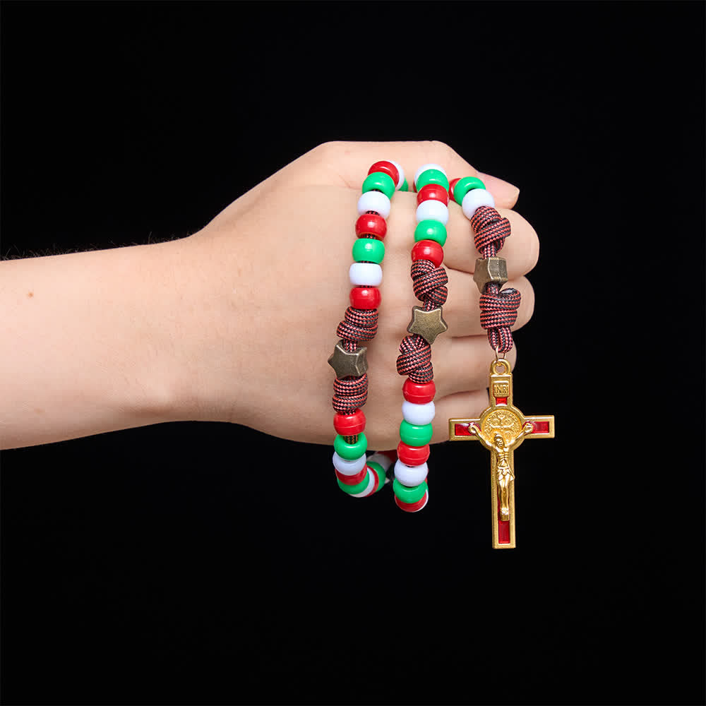 Christmas‑Toned Bead‑Cord Rosary With Holy Spirit Medallion: Emblem of Warm Heavenly Grace