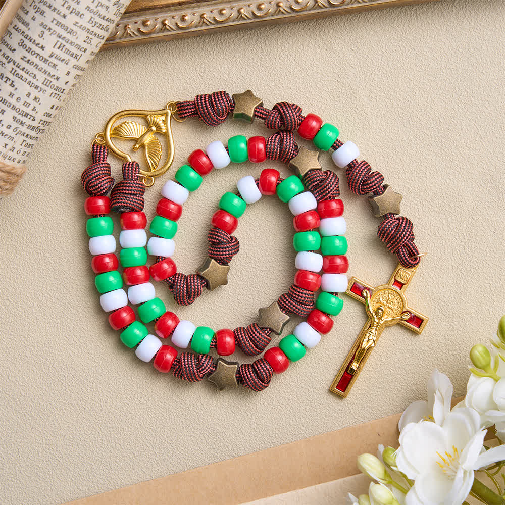 Christmas‑Toned Bead‑Cord Rosary With Holy Spirit Medallion: Emblem of Warm Heavenly Grace