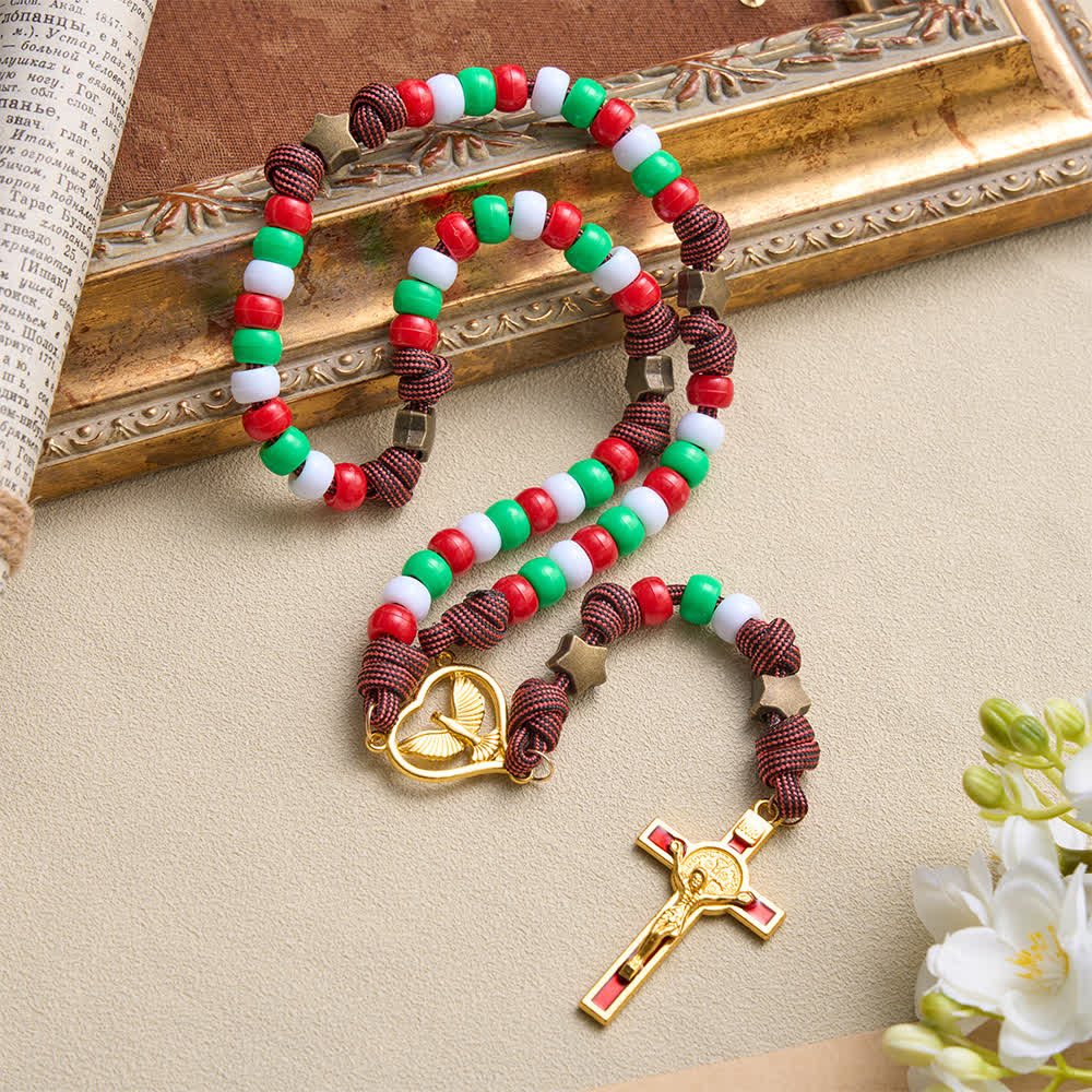 Christmas‑Toned Bead‑Cord Rosary With Holy Spirit Medallion: Emblem of Warm Heavenly Grace