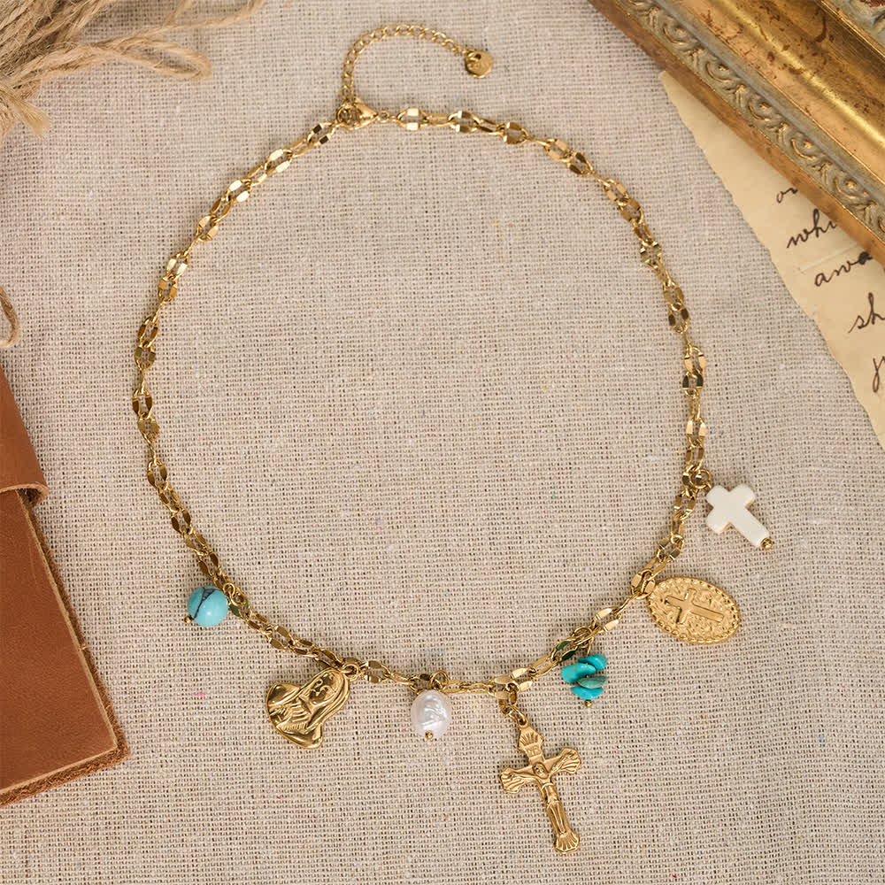 Multi Charm Necklace With Cross Crucifix Our Lady Emblem Of Gentle Heavenly Solace