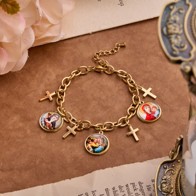 Dangle Jesus & Our Lady Medal Set With Cross Pendants: Badge of Heavenly Grace