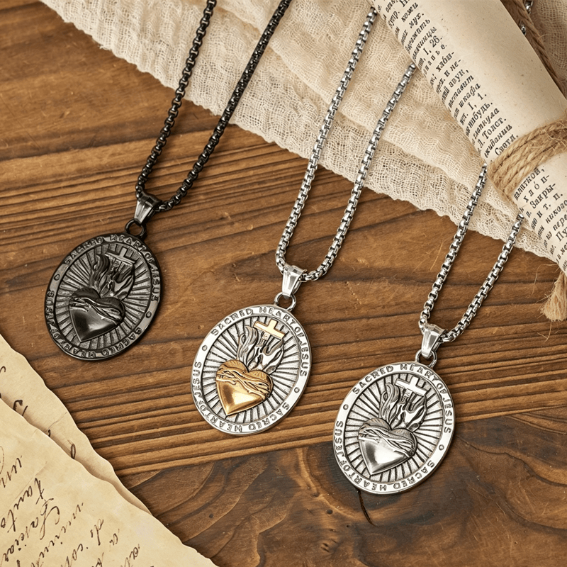 Tri-Color Sacred Heart & Cross Dual-Sided Medallion Necklace: Emblem of Divine Love