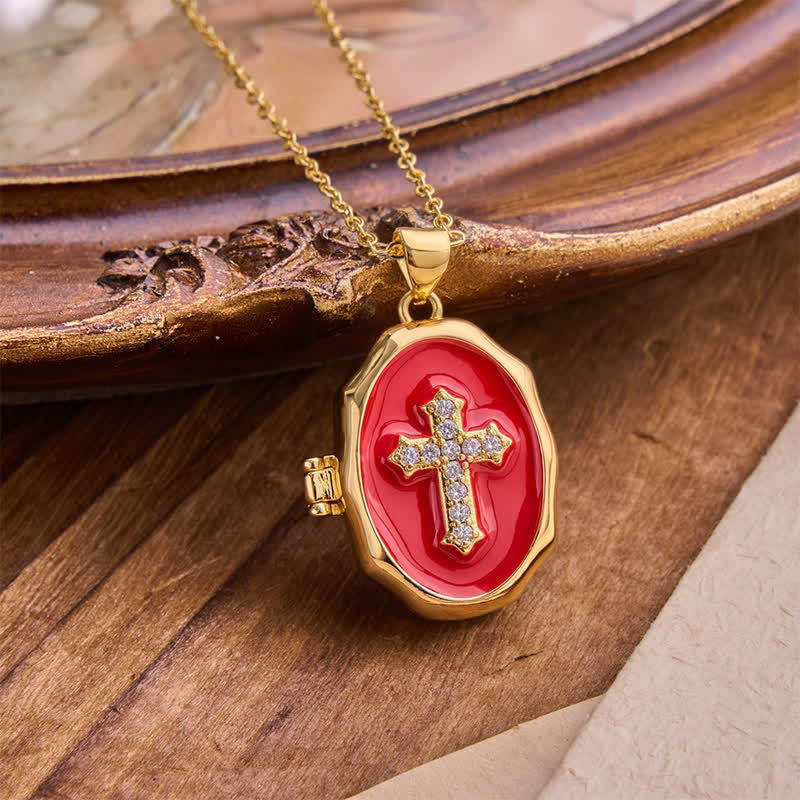 Vintage Enamel Locket Necklace With Sparkling Cross: Token of Abiding Heavenly Shelter