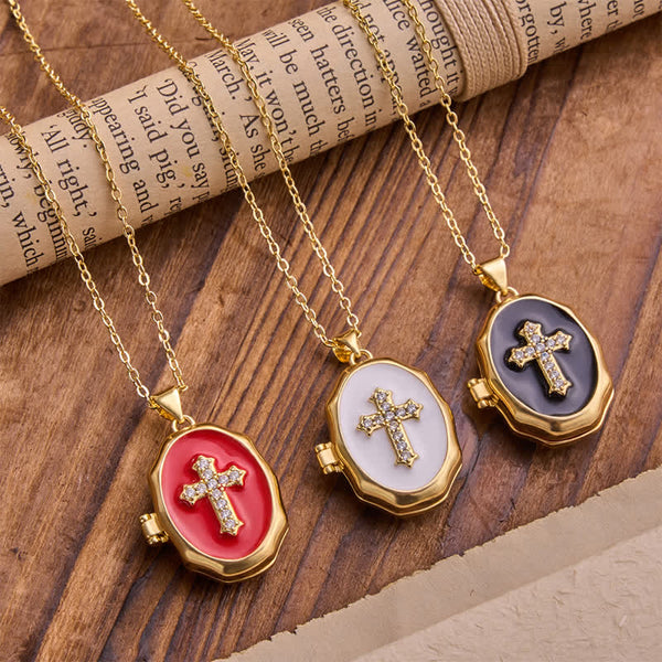 Vintage Enamel Locket Necklace With Sparkling Cross: Token of Abiding Heavenly Shelter
