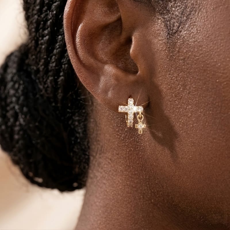 Double Cross Paved Crystal Hoop Earrings: Emblem of Gentle Heavenly Blessings