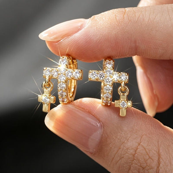 Double Cross Paved Crystal Hoop Earrings: Emblem of Gentle Heavenly Blessings
