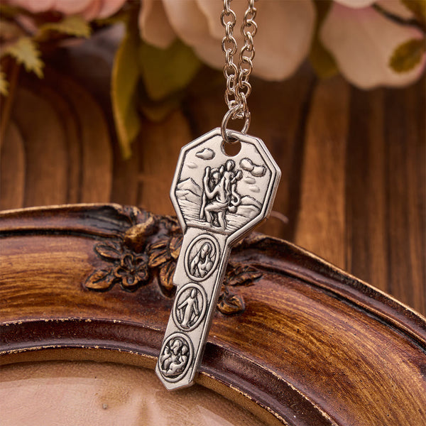 Ornate Relief St. Christopher Charm Key Necklace: Sign Of Abiding Divine Safeguard