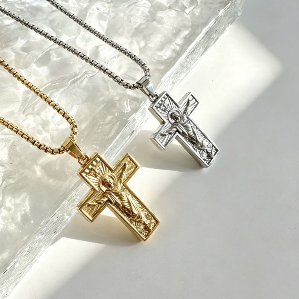 Polished Radiant Halo Crucifix Pendant Necklace: Token Of Everlasting Divine Grace