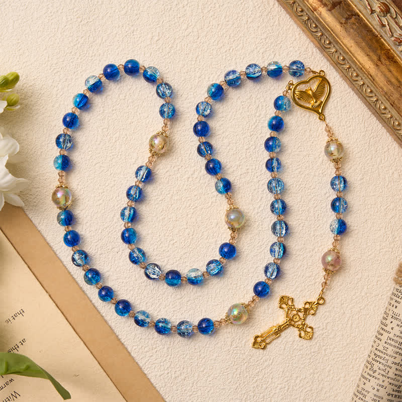 Ocean Blue Crackle Glass Holy Spirit Rosary: Sign of Quiet Heavenly Blessing