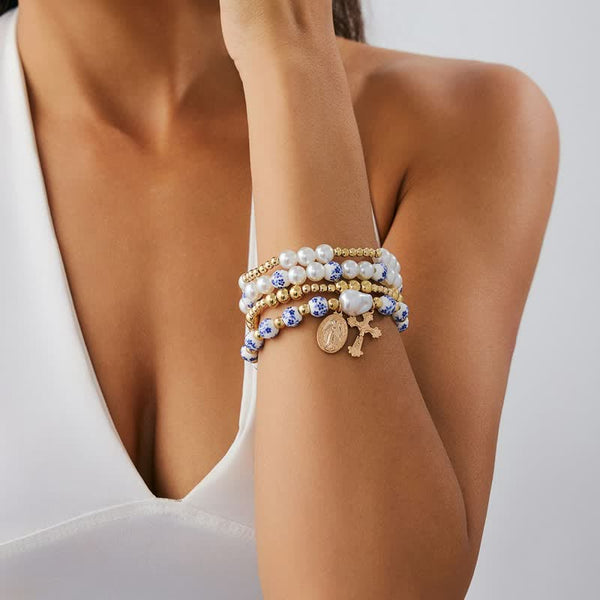 Daily Wear Layered Bead Crucifix Bracelet: Sign Of Soft Timeless Sacred Solace