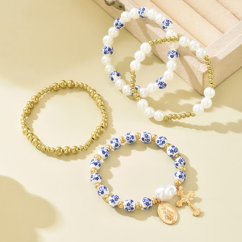 Daily Wear Layered Bead Crucifix Bracelet: Sign Of Soft Timeless Sacred Solace