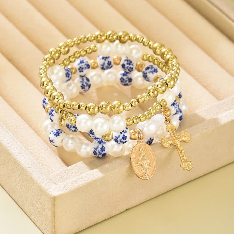 Daily Wear Layered Bead Crucifix Bracelet: Sign Of Soft Timeless Sacred Solace