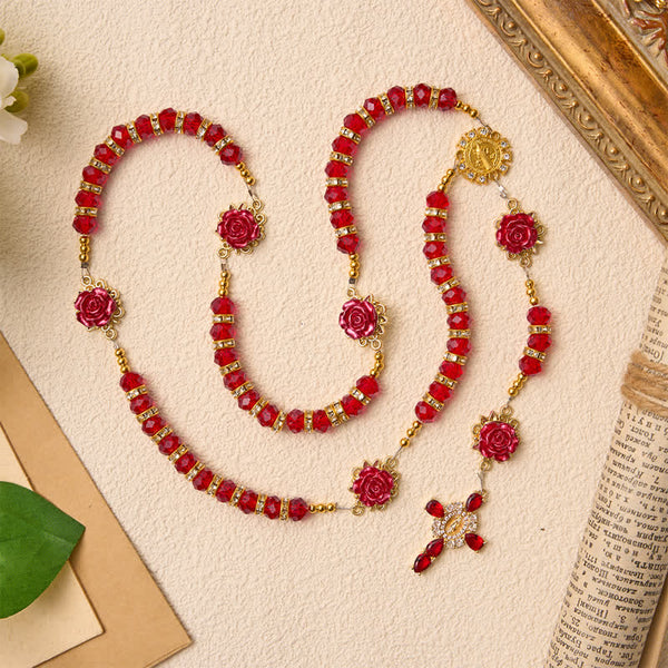 Crimson Red Rose St.Benedict Rosary: Emblem of Gentle Heavenly Grace
