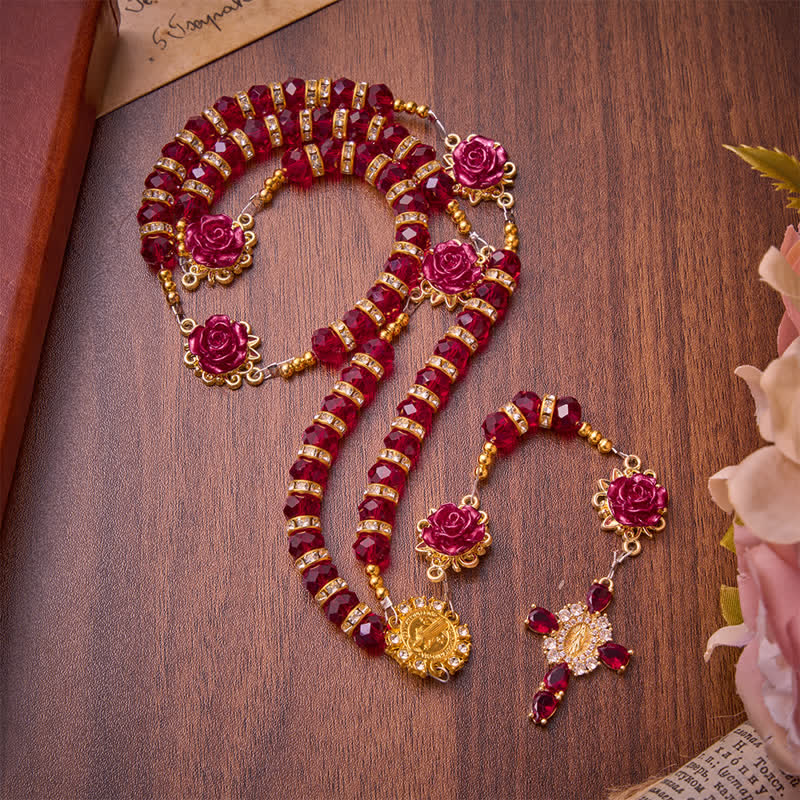 Crimson Red Rose St.Benedict Rosary: Emblem of Gentle Heavenly Grace