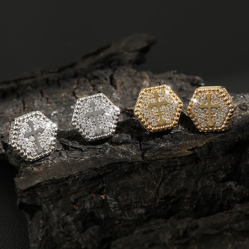 Minimal Sacred Hexagon Cross Stud Earrings: Sign Of Soft Timeless Sacred Solace